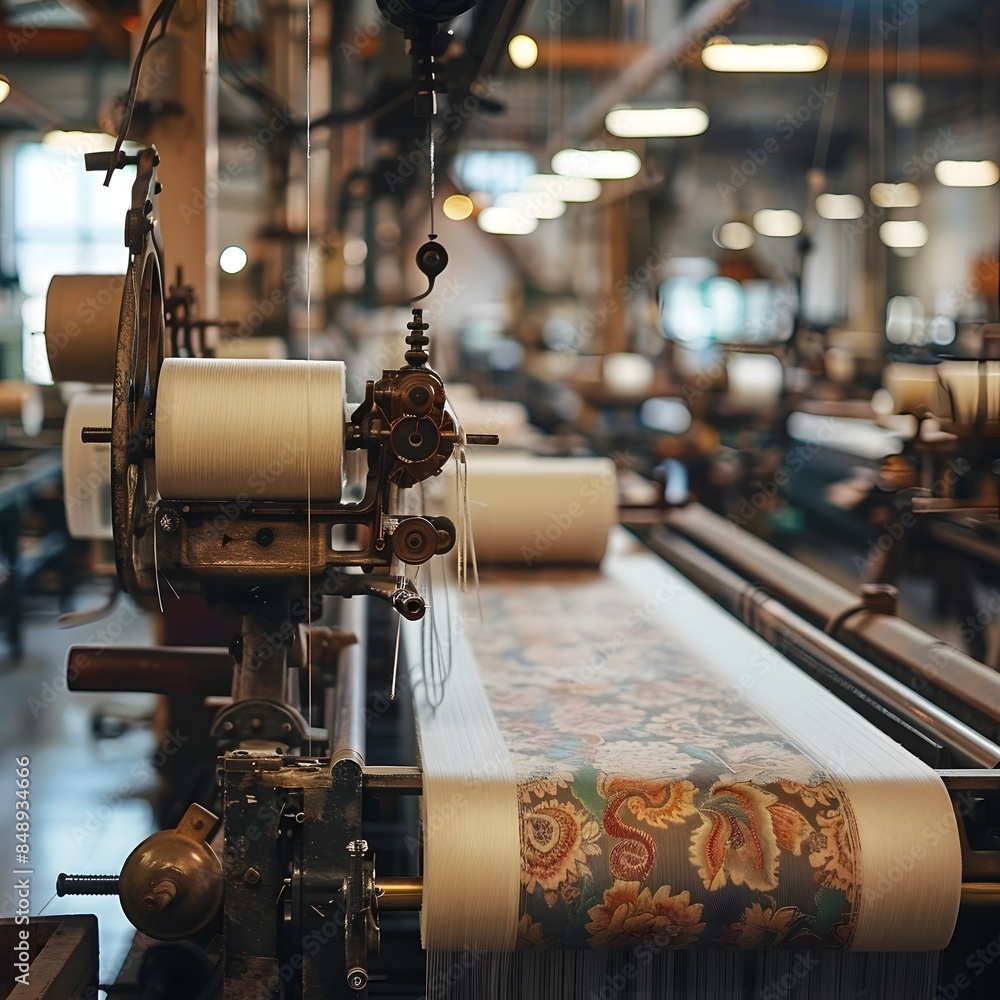 Poster textile weaving mill with intricate fabric patterns and spools of thread
