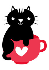 Black cat on red tea cup