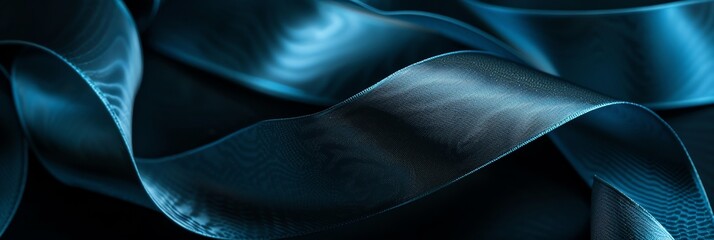 Fototapeta premium A closeup of blue ribbon with intricate curves and folds, set against a dark background, creating an abstract composition that suggests depth and movement. The focus is on the texture , 3:1
