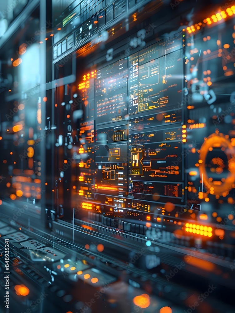 Poster microgrid control center with digital interfaces showcasing advanced automation and energy