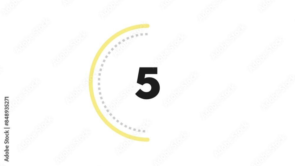 Poster 10 seconds dashed (dotted) circle countdown. soft yellow and grey on white background. big circle wi