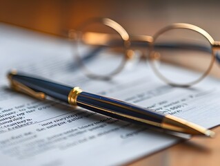 Close up view of insurance policy document with pen and glasses on office desk