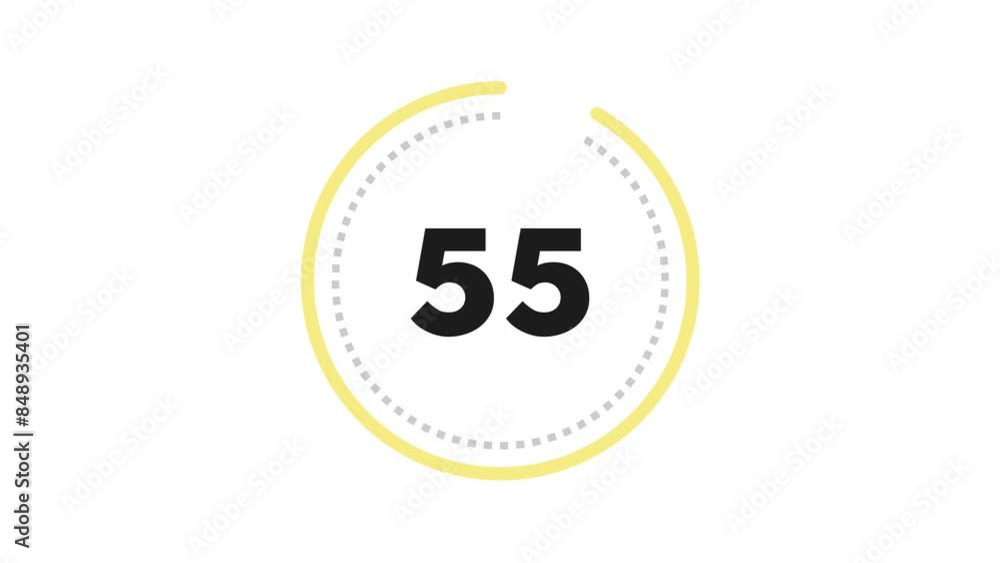 Poster 60 seconds (1 minute) dashed (dotted) circle countdown. soft yellow and grey on white background. bi