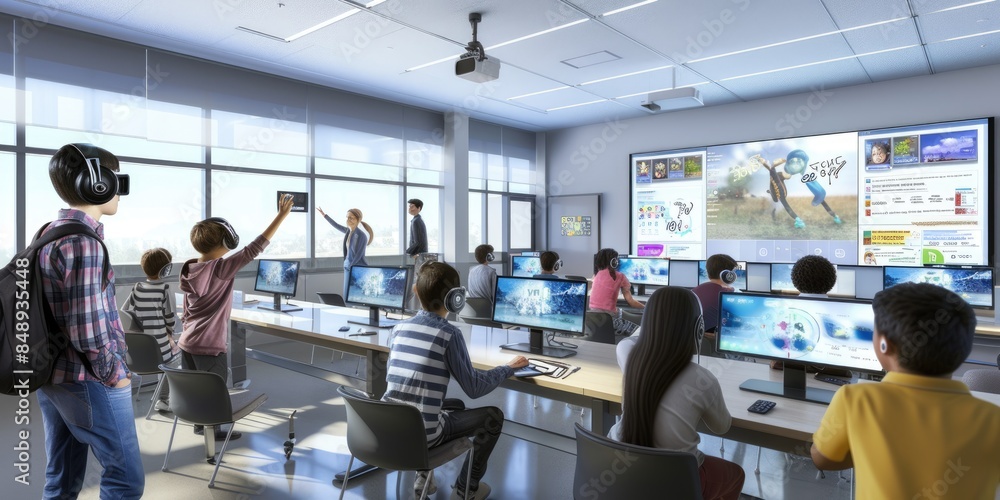 Poster portrait of teacher teaching about ai at digital classroom. multicultural elementary student learnin
