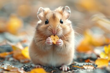 Fototapeta premium Baby Hamster: A tiny baby hamster, holding a small piece of food in its paws, sitting in a cage. 