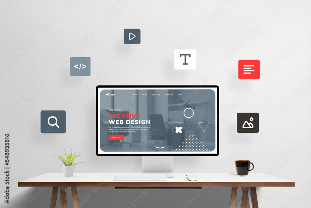 Poster Creative web design studio illustration. Computer display with modern webpage, surrounded by flying icons of web design elements. Modern digital design concept visualized