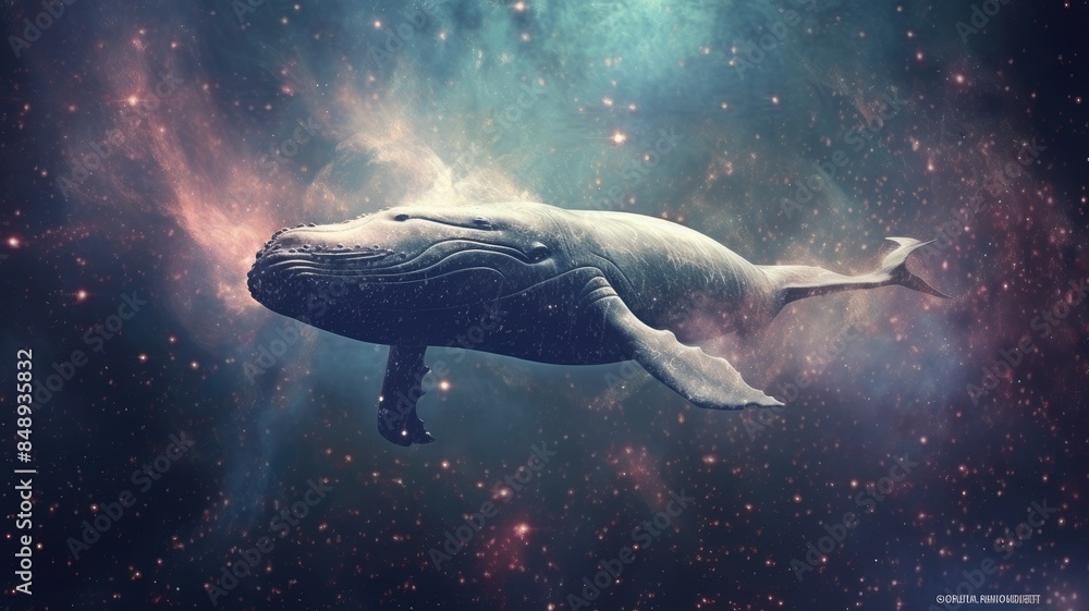 Poster surreal art design of a whale floating in space with a cosmic background and starry sky. digital art