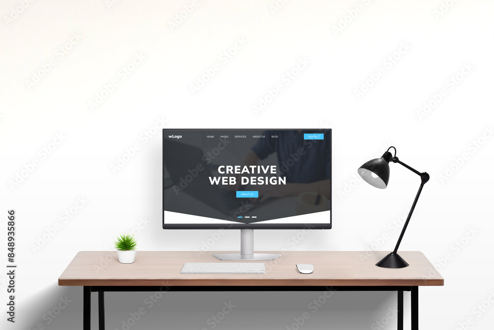 Aufkleber Web design studio portfolio page concept displayed on modern computer in office work desk setting. Showcase of creative digital projects and professional design work