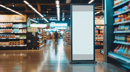 Blank Advertising Display in Modern Grocery Store Aisle