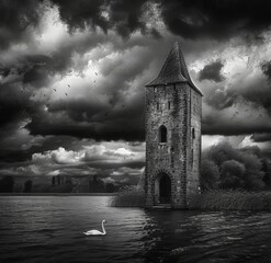 Black and white photography of an old ruined tower on the shore, dark clouds in the sky, lake in front, swan swimming abstract dreamy theme.