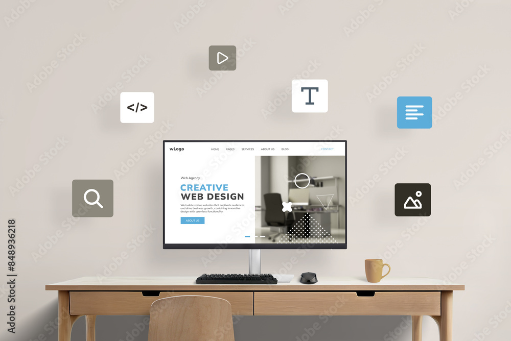 Aufkleber Work desk with computer display featuring web design studio presentation page, surrounded by flying web design icons. Visual representation of a creative digital workspace concept