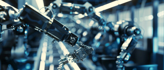 Fototapeta premium Robotic arms intricately assemble electronic components in a high-tech, futuristic factory with a blue-hued atmosphere.