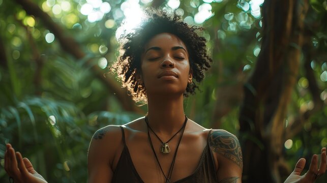 An intuitive healer, in a serene forest setting, surrounded by ancient trees, with their eyes closed and palms outstretched, radiating a sense of calm and healing energy.