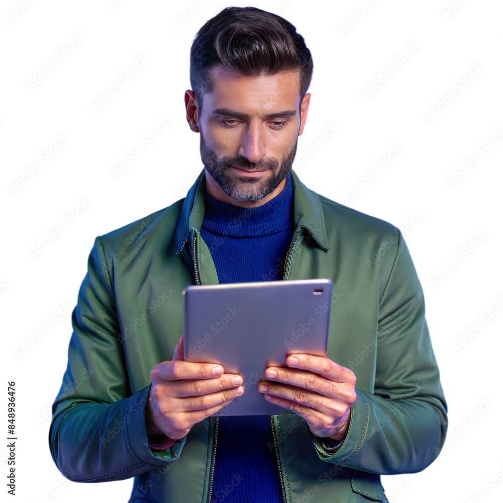 Aufkleber man in green jacket using tablet on transparent background