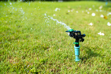 Sprinkler for automatic lawn watering. Lawn cultivation and care, garden irrigation devices. Rainbow over the garden on a sunny day.