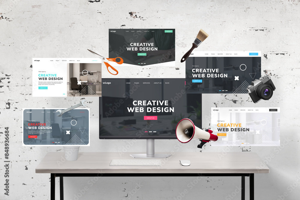 Poster Web pages flying around a web designer's desk and computer display featuring an agency web page presentation. Includes web designer tools: megaphone, wrench key, photo camera, scissors, and brush