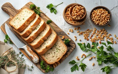 Freshly Baked Bread Slices With Pine Nuts and Parsley on a Wooden Cutting Board