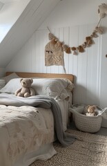 Cozy White Bedroom With Fringed Blanket And Teddy Bear
