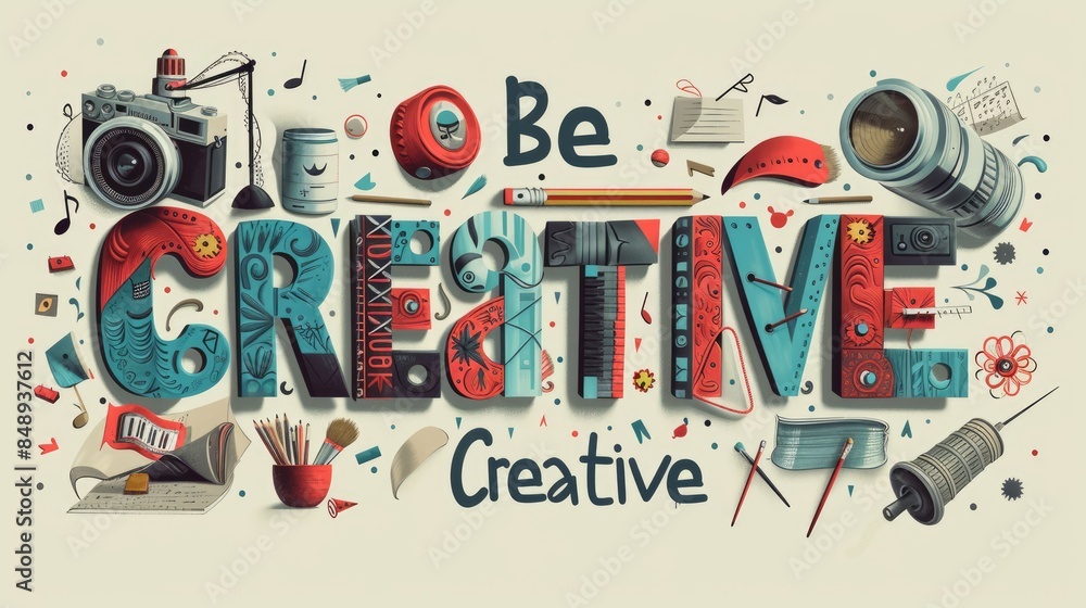Poster the letter of be creative in variant texture with bright light colorful color with making or constru