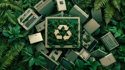 Recycled Electronics Concept, Ideal for Sustainability and Environmental Awareness, Featuring Piles of Recycled Computer Parts in a Green Setting, Eco-friendly Tech Recycling