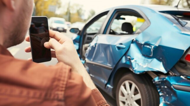 A man is taking a picture of a blue car that has been in an accident