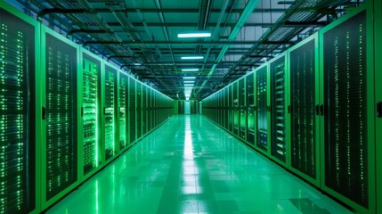 Futuristic Green Data Center Corridor, Ideal for High-Tech Infrastructure, Showcasing Energy Efficient Technology in a Lush Green Environment, Sustainable Data Centers