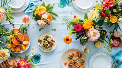 An artfully arranged table featuring a variety of dishes, garnished with fresh flowers. A beautiful display for sharing and enjoying delicious cuisine at a special event AIG50