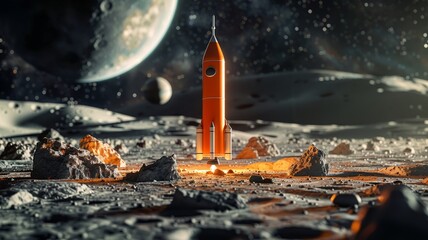 Red Rocket Launch on a Lunar Landscape Under a Starry Night Sky