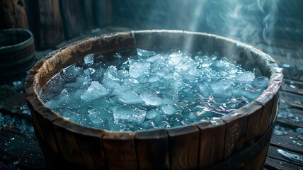 Fototapeta premium Rustic Wooden Barrel Filled with Ice in a Misty Atmosphere