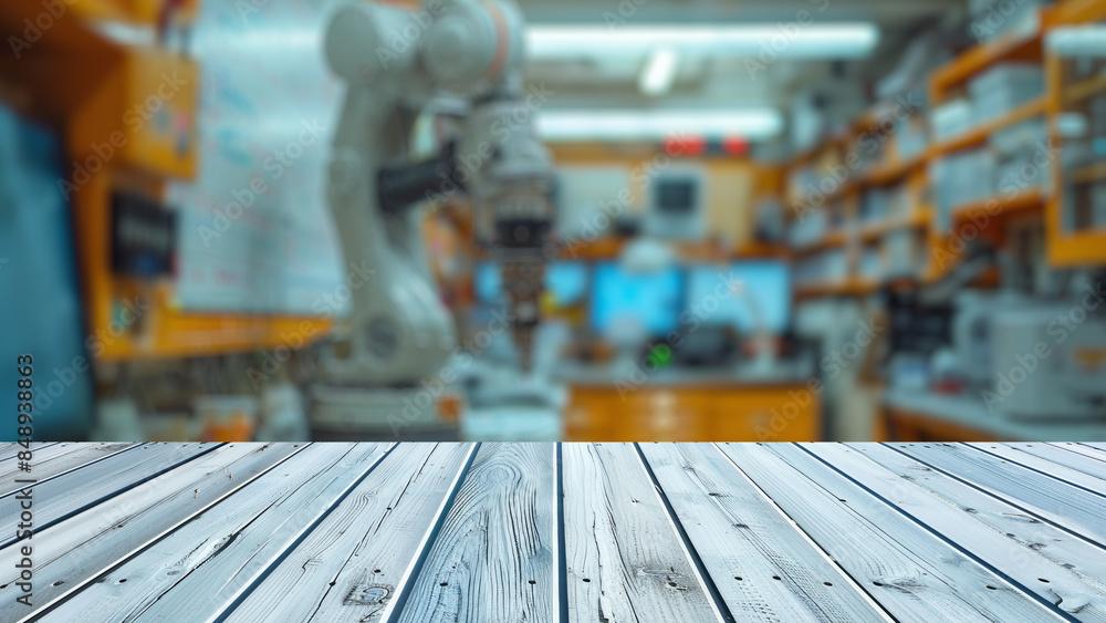 Poster empty wood table top with blur background of factory with robotic arms. the table giving copy space 