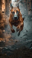 Obraz premium A Belgian Malinois dog running through a debris field. AI.