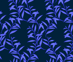 Abstract artistic blue branches leaves intertwined in a seamless pattern. Vector hand drawing illustration. Creative plants printing on a dark background. Template for designs, textiles, fashion