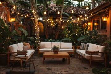 Fototapeta premium Cozy backyard seating area with comfortable sofas, a coffee table, and string lights. AI.
