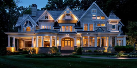 Luxurious modern house with beautiful exterior lighting. AI.