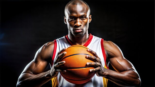 African American Basketball Player Holding Ball.  Portrait of a strong, muscular African American male basketball player holding an orange basketball. - Powered by Adobe