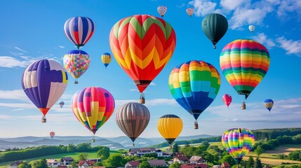 Vibrant Hot Air Balloons Soaring Over Quaint Village Against Clear Blue Sky with White Clouds - Stunning Aerial View in Stock Photo