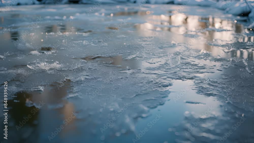 Poster the tiny ridges and cracks in a frozen pond highlighted by a glossy sheen that reflects the surround