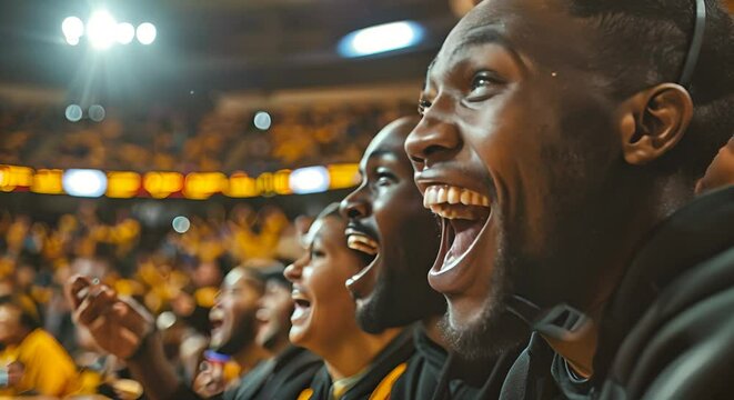 A photo capturing fans immersed in a basketball game.
