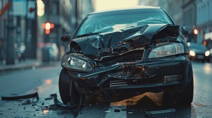 A black car is smashed in the middle of the street