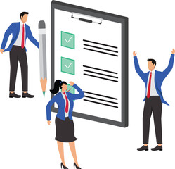 Checklist to complete project task, accomplish work checkmark, todo list clipboard or project status report, plan to finish work concept, business people holding pencil complete task checkbox