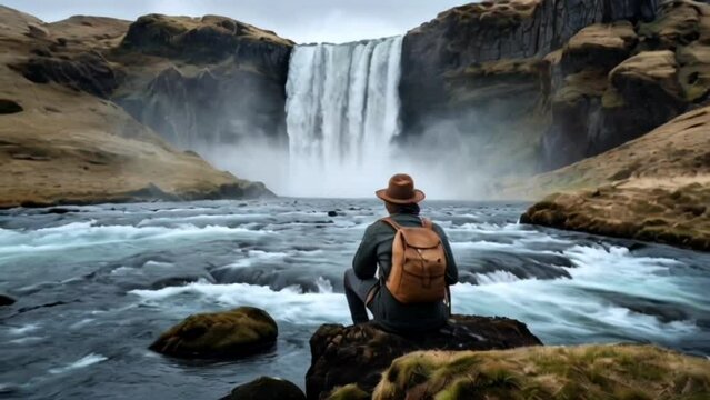 A climber sits on a rock in the middle of the river while enjoying the view of a rushing waterfall, seamless looping 4k animation video background
