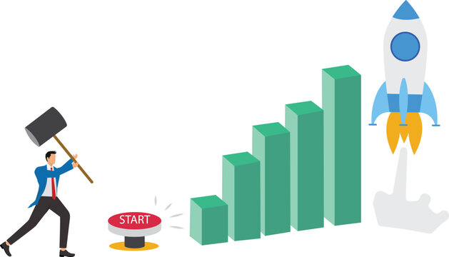 Boost rocket to business growing fast, investment growth, start or launch new business, innovation to boost success, rising up and improvement concept, businessman on growth chart launching rocket