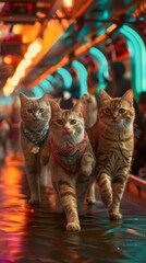 Obraz premium Three cats in bejeweled collars strut confidently down a runway of glowing lights. AI.