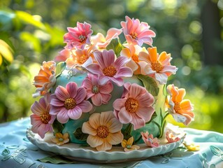 Pink, yellow, and orange flowers of various sizes decorate the top and sides of this cake. AI.