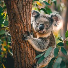 Fototapeta premium A close-up photo of a koala clinging to a eucalyptus tree in its natural habitat