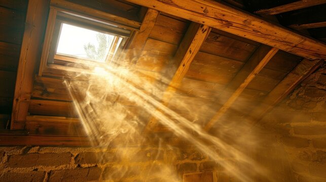 Sunlight and dust particles stream through an attic window. AI.
