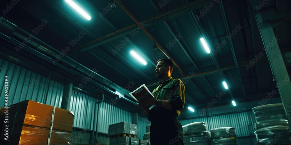 Poster professional warehouse worker checking and inspecting product quality at storage. engineer working a