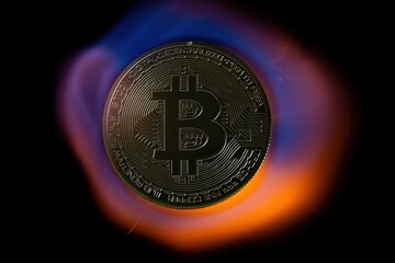 A bitcoin coin in the tongues of a hot flame. Real photo