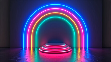 3d Glowing rainbow neon light product display podium on dark bac