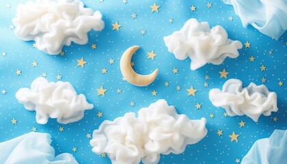 Night sky with moon and stars. Fluffy clouds and golden stars on blue background.